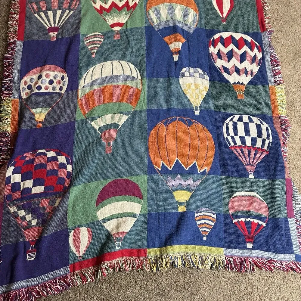 Hot Air Balloon Tapestry Cotton Blanket Throw w/Fringe 70”x46” Two Sided 1970s